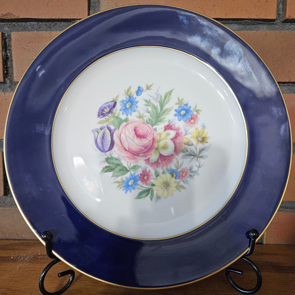 Rosenthal Porcelain Cobalt Blue Floral Bouquet Gold Trim Plate 10"